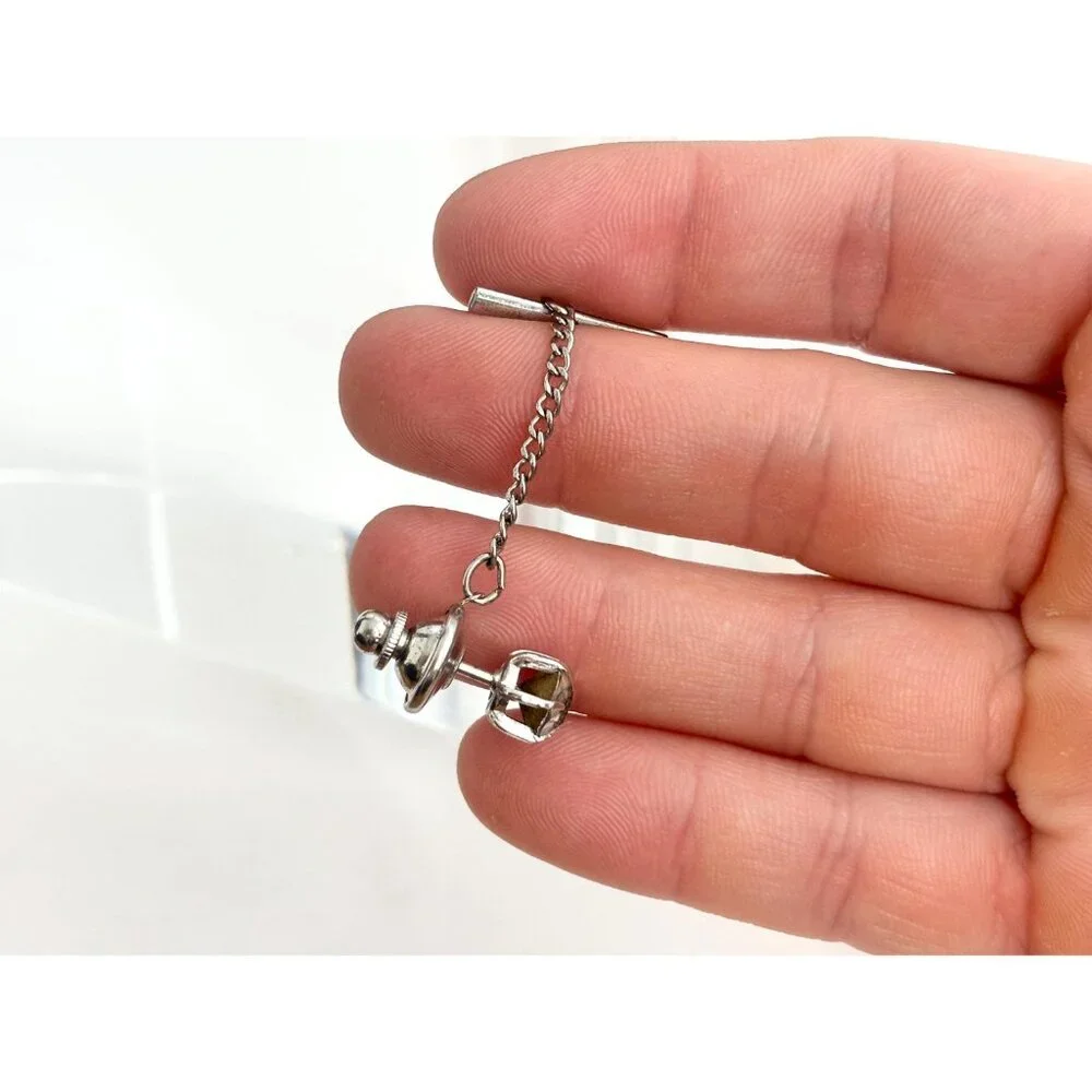 Faux CZ Gemstone Minimalist Silver Toned Vintage Men's Tie Tack